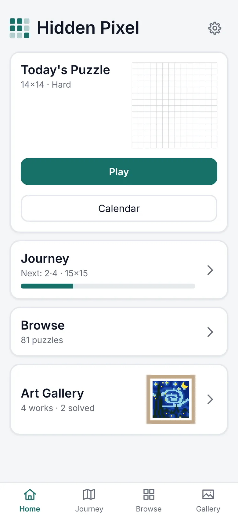 The Home screen with Today's Puzzle, the Journey and the Art Gallery.